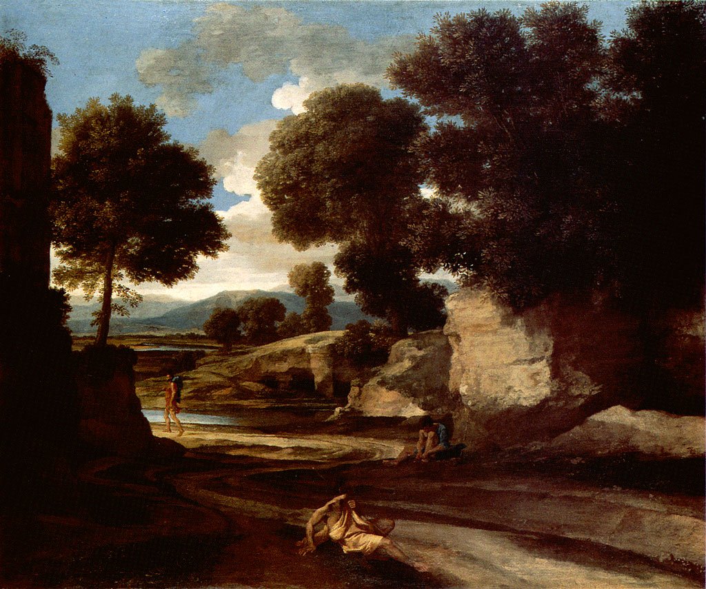 Maisema, jossa matkalaiset lepäävät tekijältä Nicolas Poussin