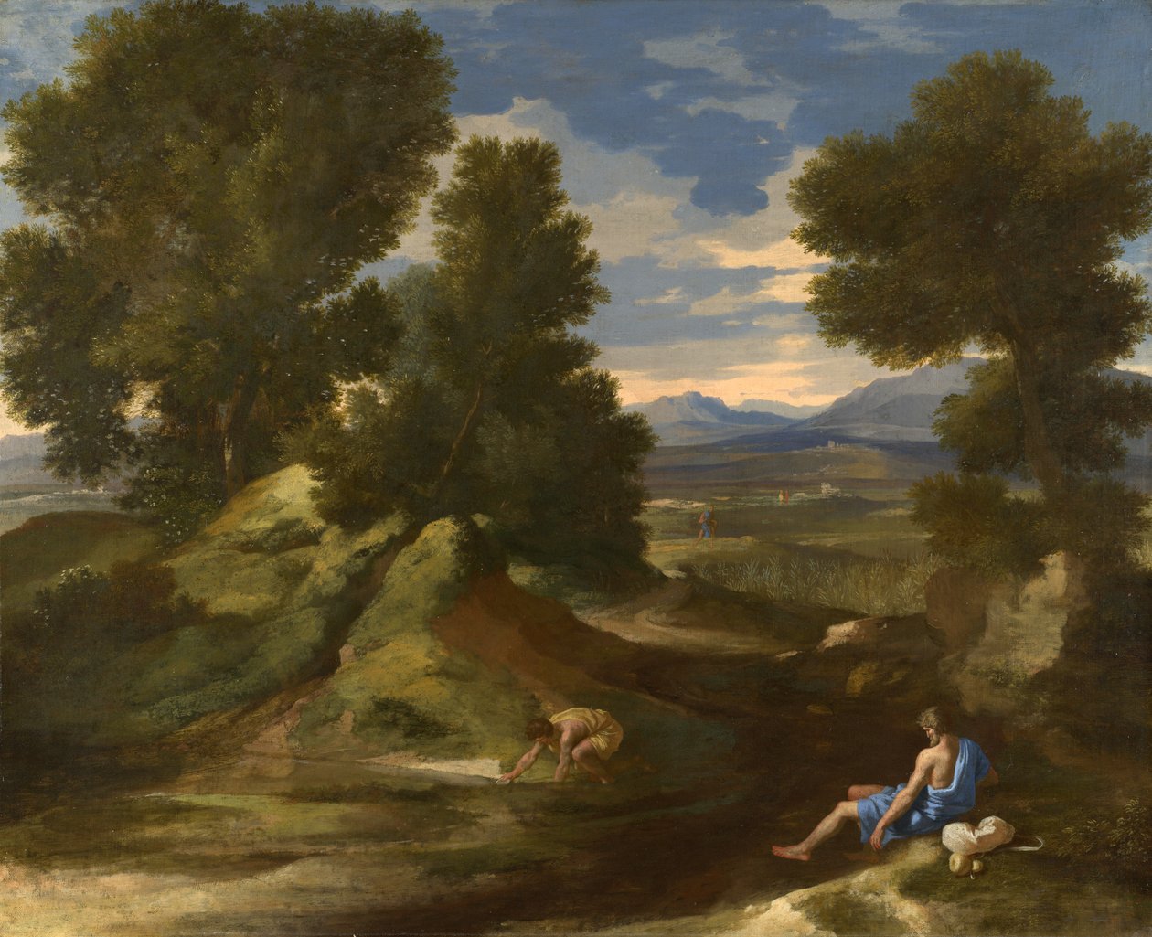 Maisema, jossa mies kauhaa purosta vettä, n. 1637 tekijältä Nicolas Poussin