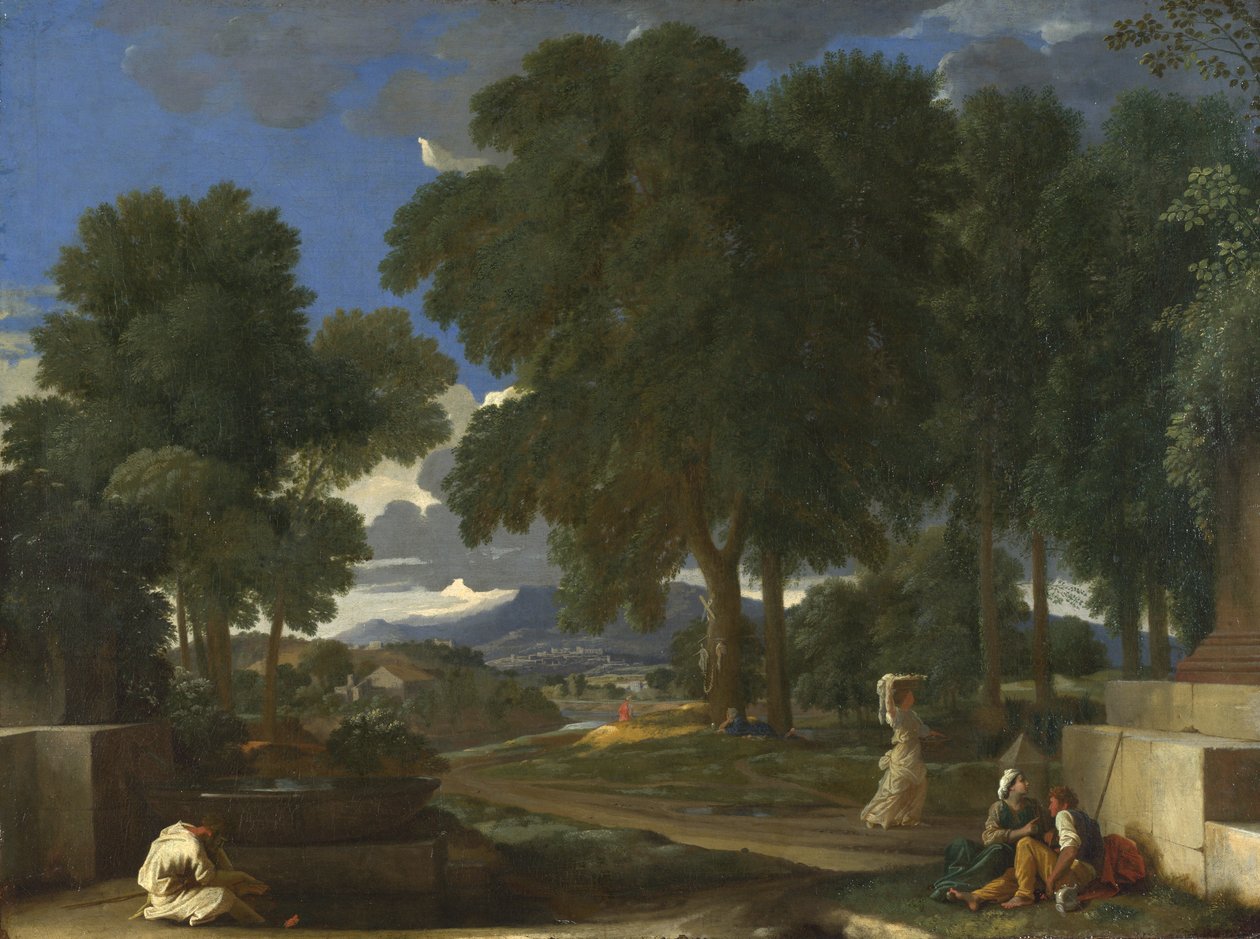 Maisema, jossa mies pesee jalkojaan suihkulähteellä, 1648 tekijältä Nicolas Poussin