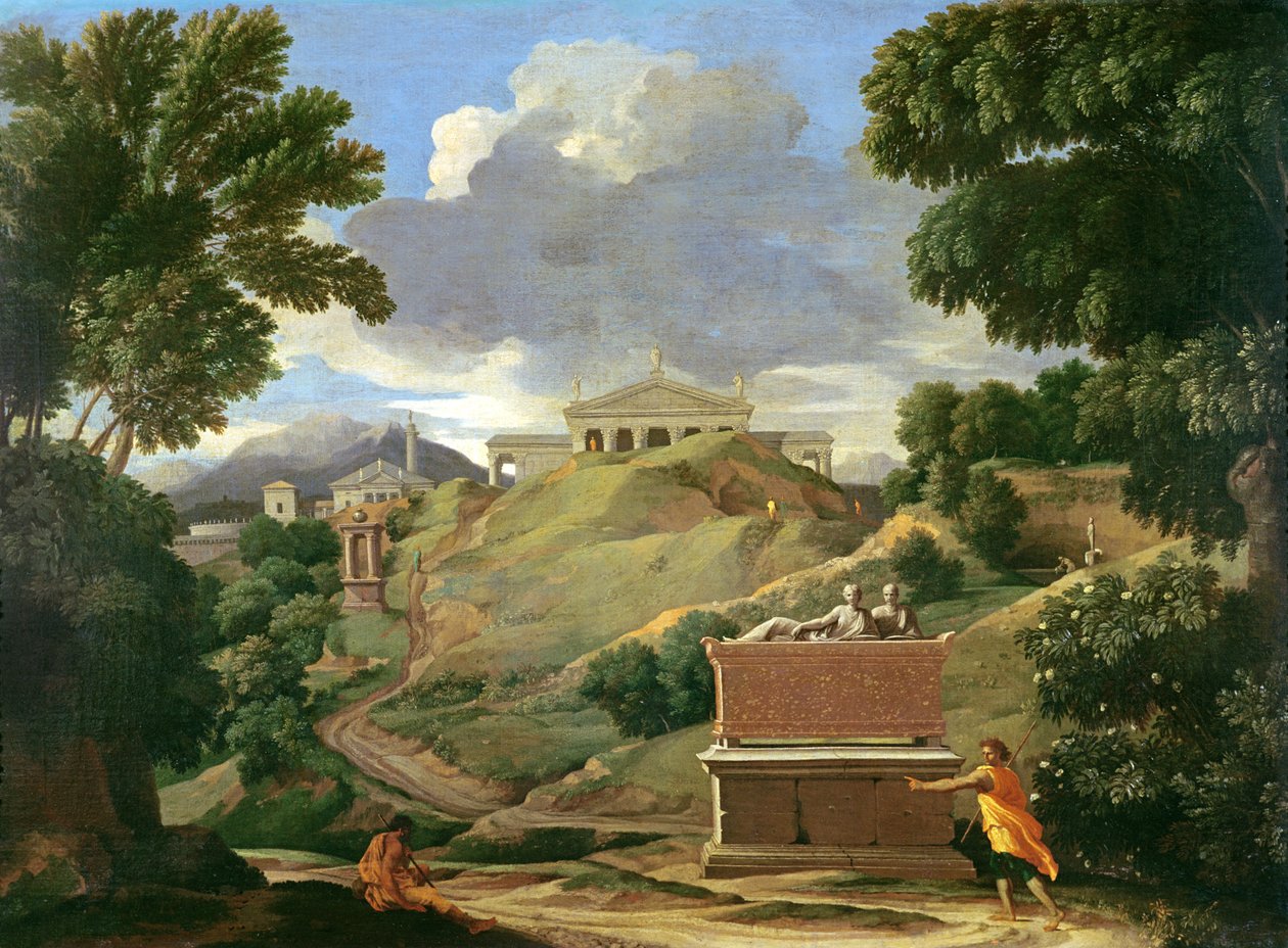 Maisema klassisten raunioiden ja etruskien sarkofagin kanssa, n. 1634 tekijältä Nicolas Poussin