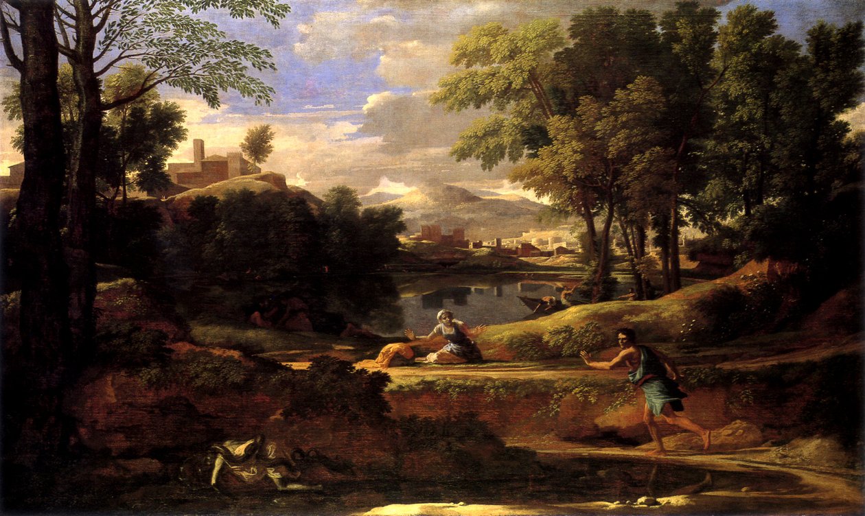 Maisema-ihmisen kanssa-tappoi-käärme tekijältä Nicolas Poussin