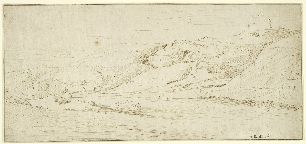Vuoristoinen maisema kahdella talolla (kynä ja muste pesulla paperille) tekijältä Nicolas Poussin
