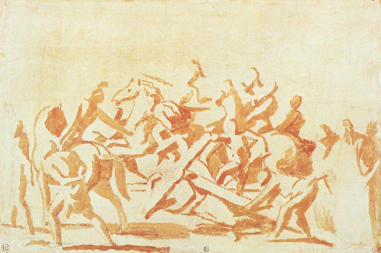 Tutkimus Kristuksen kantamisesta ristiä (liitu ja pesu paperille) tekijältä Nicolas Poussin