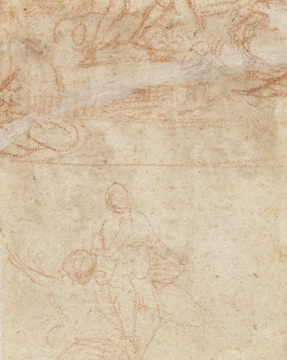 Kaksi karkeaa luonnosta, kyyristyvä nainen seisova hahmo vieressään ja toinen hahmoryhmä (punainen liitu paperille) tekijältä Nicolas Poussin