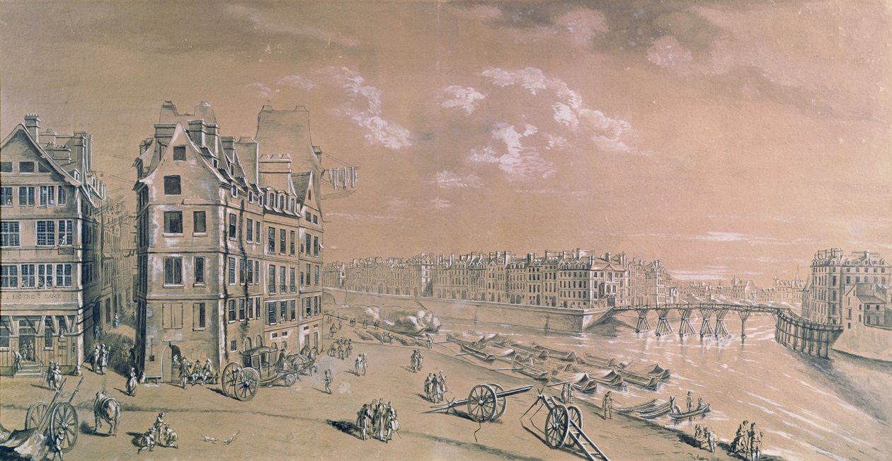 Ile Saint-Louis ja maissilaiturit Place de Greveltä, n. 1757 (wc ja guassi) (katso myös 86033) tekijältä Nicolas Raguenet