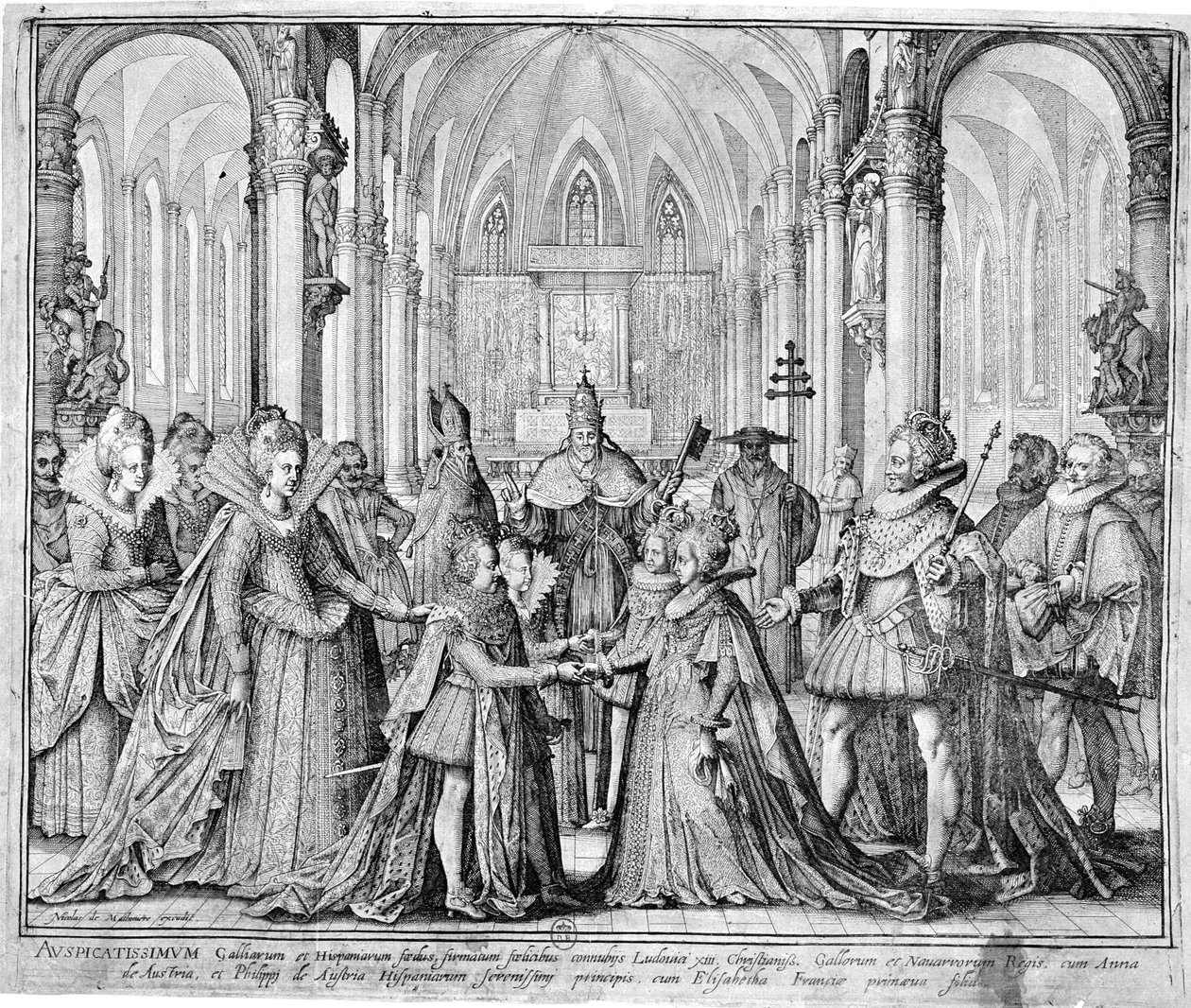 Ludvig XIII:n (1601-43) kaksoisavioliitto vuonna 1615 Itävallan Annan (1601-66) ja Itävallan Filipin (1605-65) tulevan espanjalaisen Filippoksen IV:n ja Ranskan Elizabethin (1602-44) kanssa tekijältä Nicolas de Mathoniere