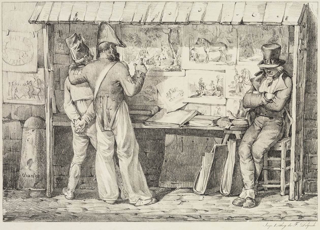 Le marchand de dessins lithographiques, vuosina 1818–1819 (mustalla musteella painettu litopainatus kudospaperille) tekijältä Nicolas Toussaint Charlet