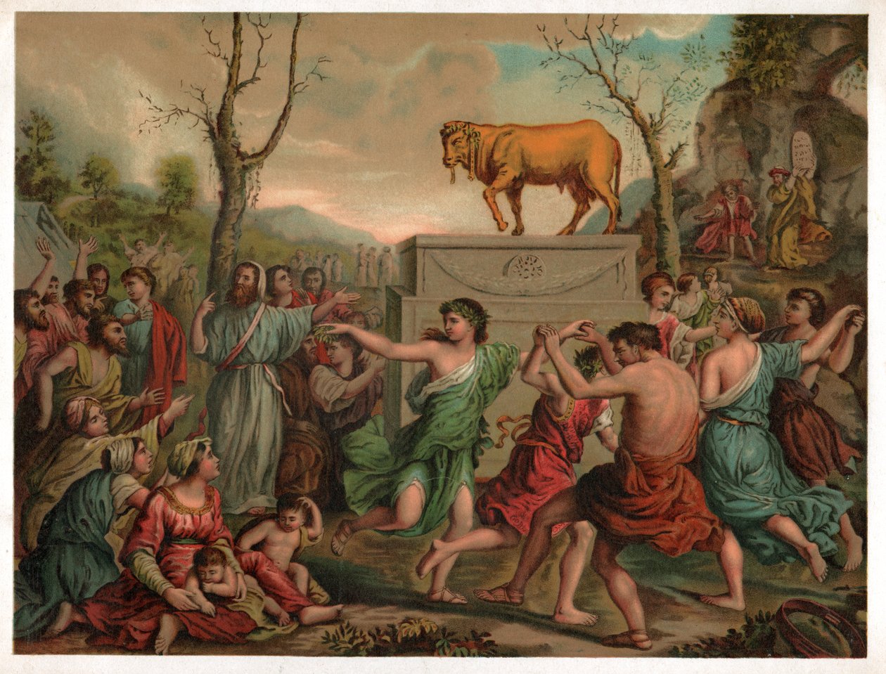 Kultaisen vasikan palvonta. (Litografia, noin 1900) tekijältä Nicolas (after) Poussin