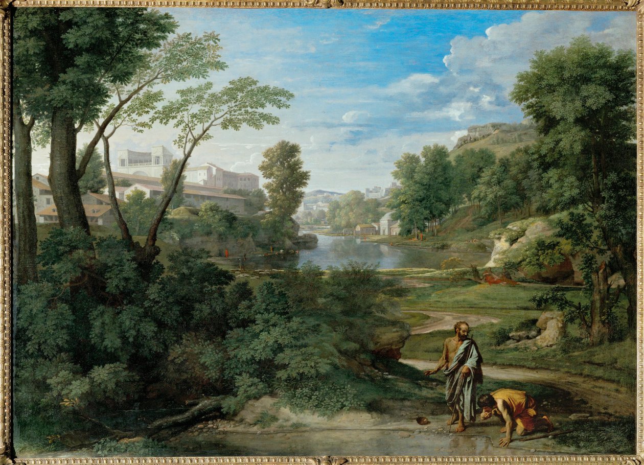 Maisema Diogeneksen kanssa. Eräänä päivänä Diogenes näki ... tekijältä Nicolas (attr.to) Poussin