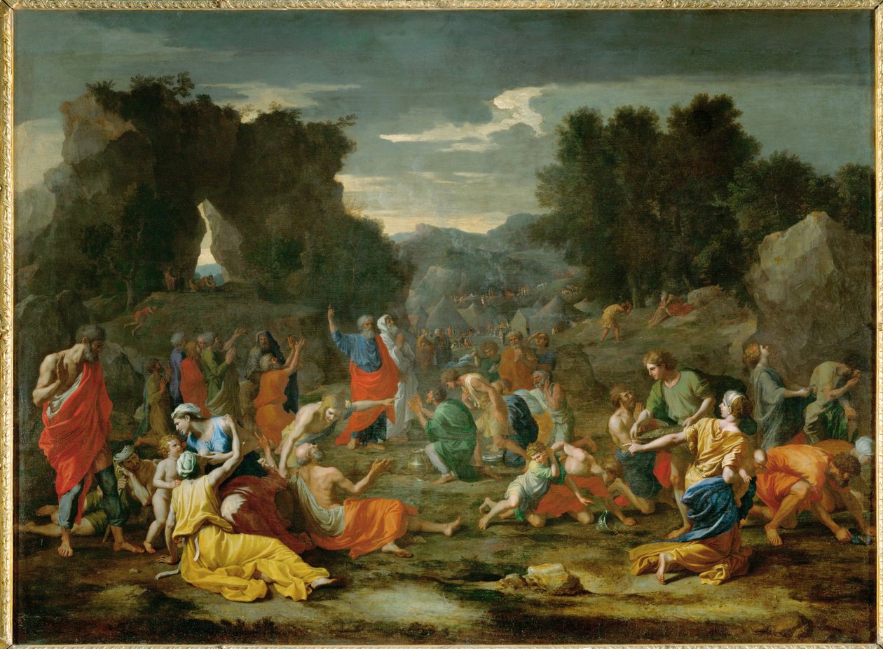 Les Israelites recuillant la manne dans le desert - israelilaiset keräävät mannaa erämaassa ... tekijältä Nicolas (attr.to) Poussin