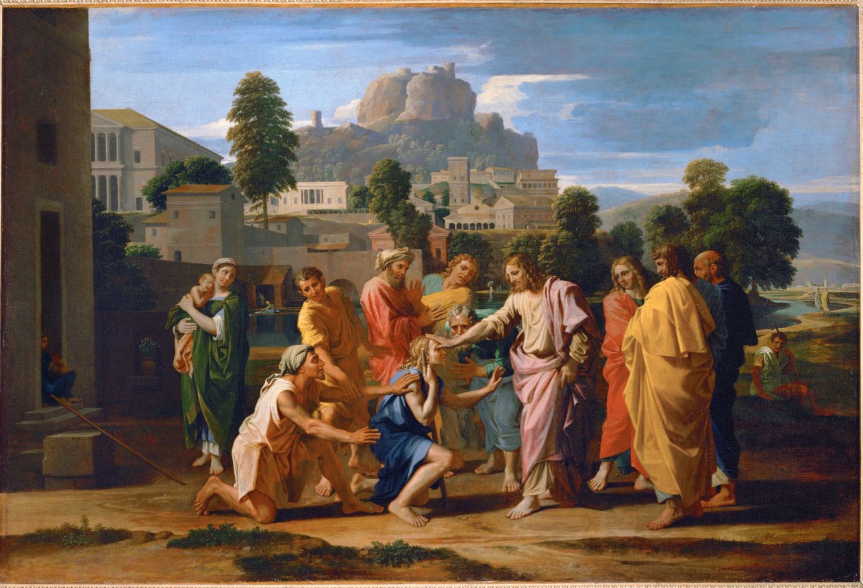 Les aveugles de Jericho - Jeesus parantaa Jerikon sokeat ... tekijältä Nicolas (attr.to) Poussin