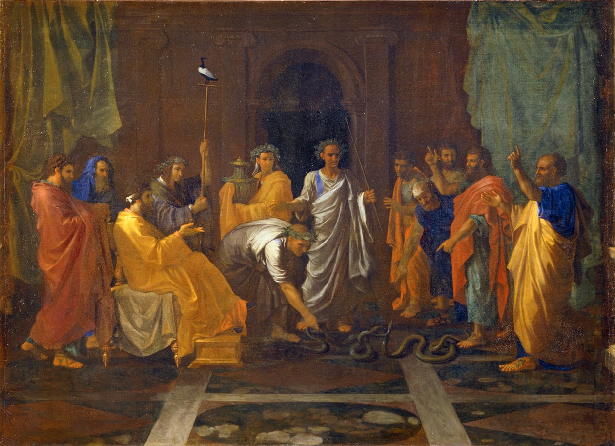 Mooses muuttaa Aaronin sauvan käärmeeksi ... tekijältä Nicolas (attr.to) Poussin