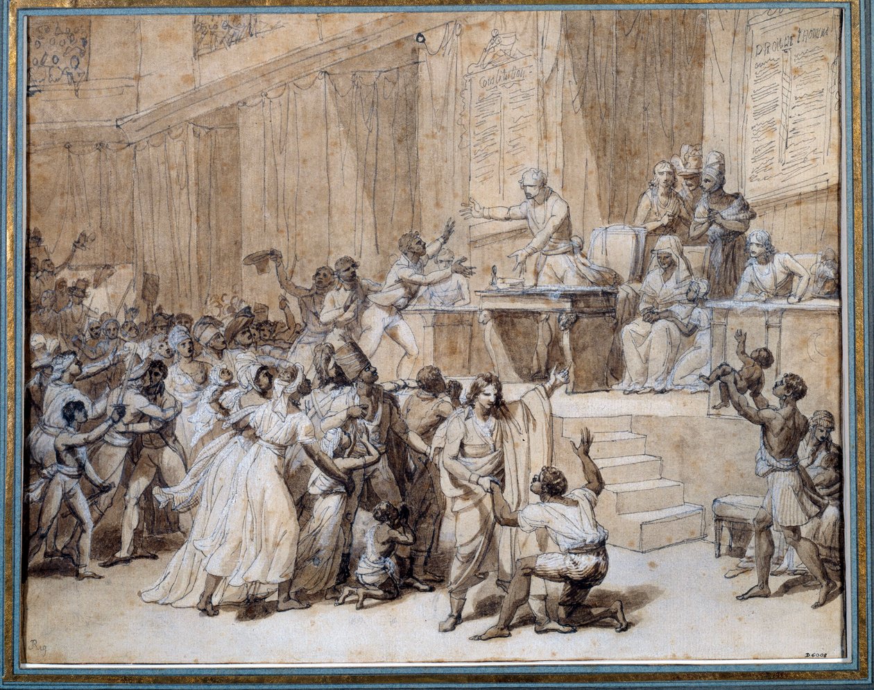 Ranskan vallankumous: Kansallinen konventti määrää orjuuden lakkauttamisesta siirtomaissa 4.2.1794 (16 Pluviose An II) Pariisissa. Mustepiirustus Nicolas Andre Monsiau (1754-1837) Su. 0,26x0,33 m Pariisi, Musee Carnavalet tekijältä Nicolas Andre Monsiau