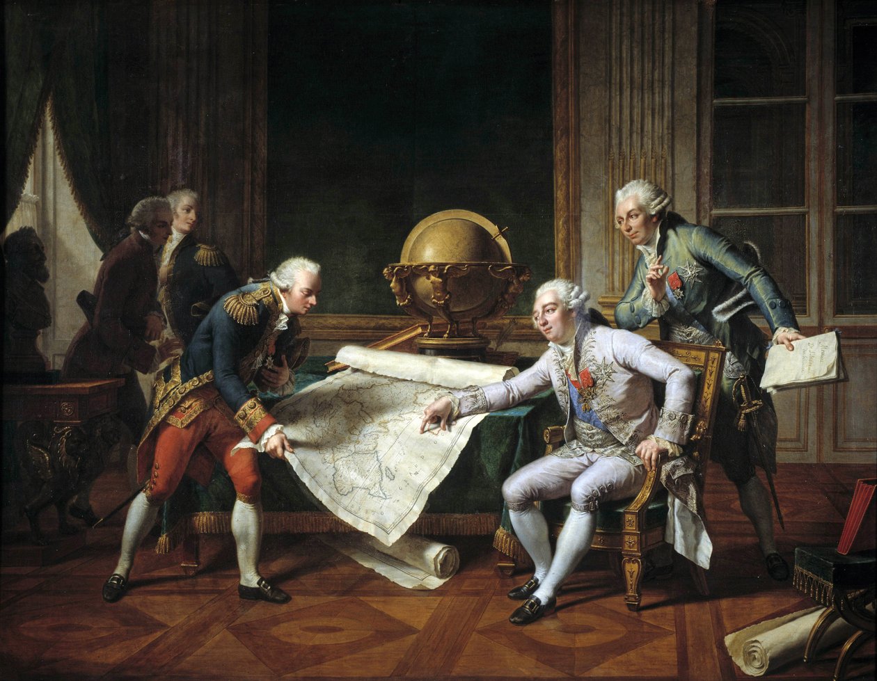 Ludvig XVI (1754-1793), Ranskan kuningas, antoi ohjeita Jean-Francois Galaupille, La Perousen kreiville (Jean Francois Laperouse tekijältä Nicolas Andre Monsiau