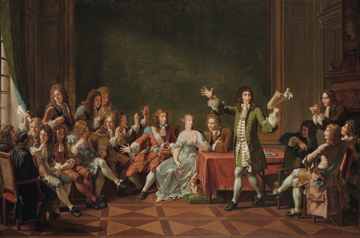 Molière lukee Tartuffea Ninon de Lenclosin kotona tekijältä Nicolas Andre Monsiau