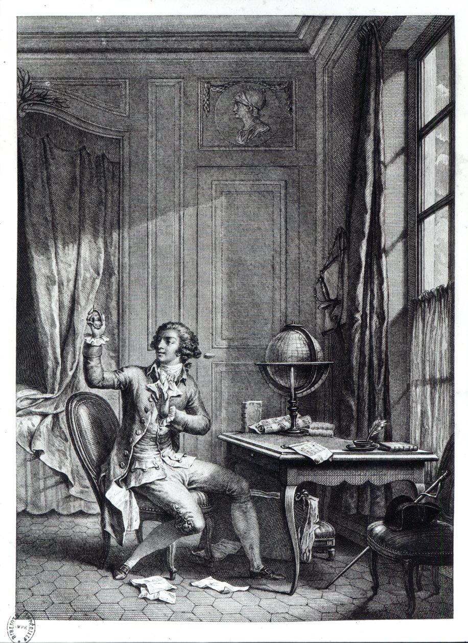 St. Preux vastaanottamassa Julien muotokuvaa, kuvitus Jean-Jacques Rousseaun (1712-78) La Nouvelle Heloise -teoksesta tekijältä Nicolas Andre Monsiau