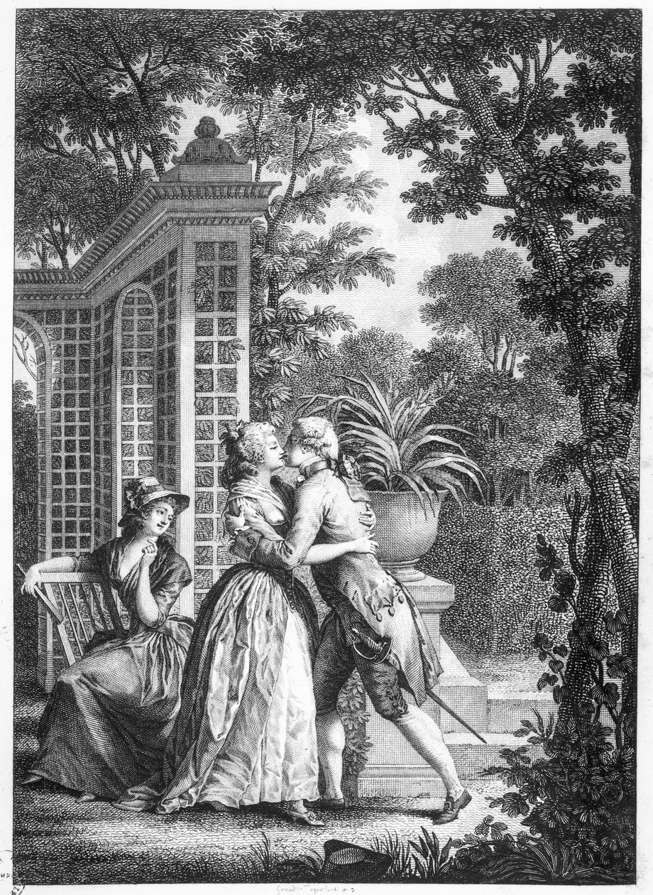 Ensimmäinen rakkauden suudelma, kuvitus Jean-Jacques Rousseaun (1712-78) "La Nouvelle Heloise" -kirjasta tekijältä Nicolas Andre Monsiau