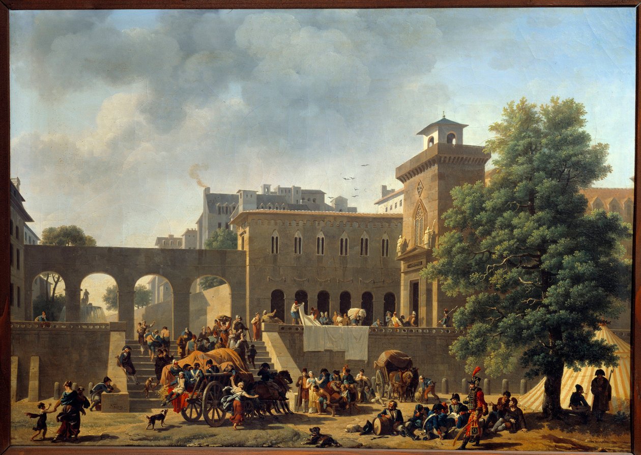 Italian kampanja (1796-1797): "" Sotasairaalan ulkopuoli tai ranskalaiset Italiassa"" Nicolas Antoine Taunayn (1755-1820) maalaus 1700-luvun su. 0,46 x 0,65 m tekijältä Nicolas Antoine Taunay