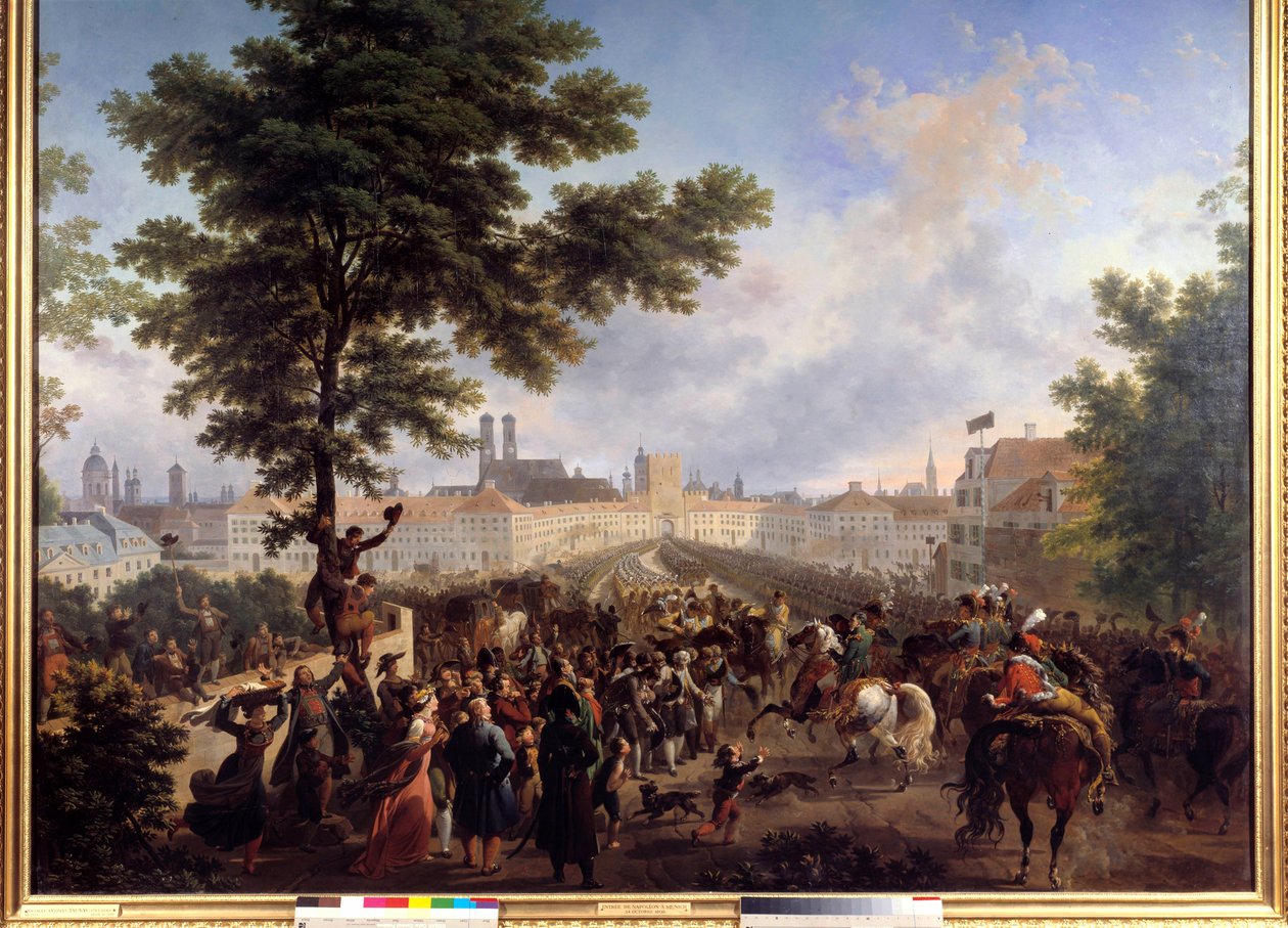 Keisari Napoleon Bonaparten (1769-1821) komentaman Ranskan armeijan sisääntulo Münchenissä, 24.10.1805 Nicolas Antoine Taunayn (1755-1830) maalaus 1800-luvulla. Himmeä. 1,8x2,2 m. tekijältä Nicolas Antoine Taunay