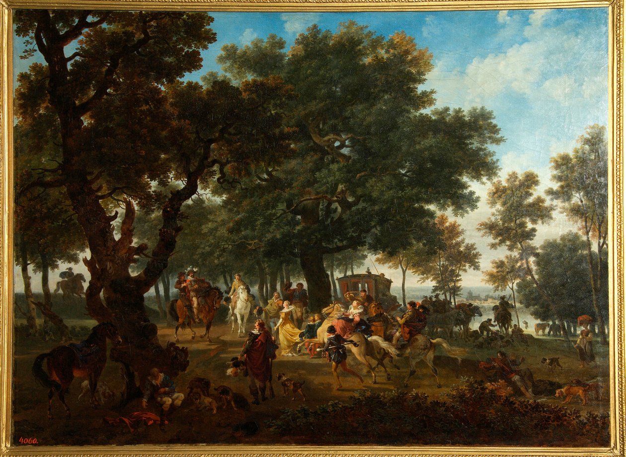 ""Ranskan kuninkaan Henri IV:n (1553-1610) ja hänen sarjansa metsästysseurueet" (Henri IV And His Suite Hunting) Nicolas Antoine Taunayn (1755-1830) maalaus tekijältä Nicolas Antoine Taunay