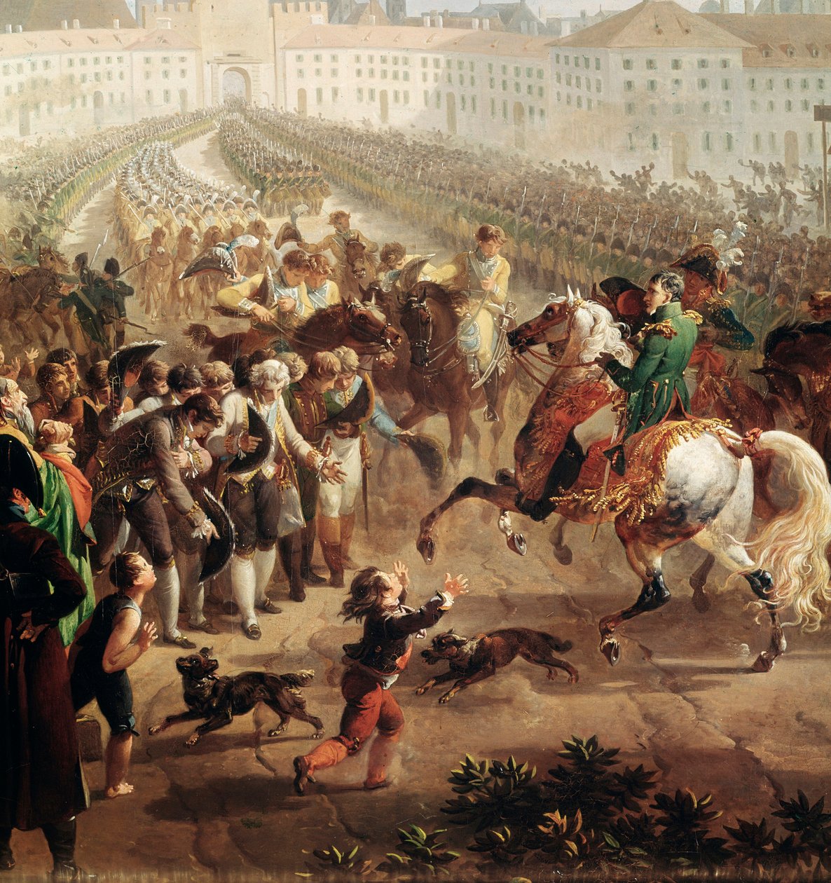 Napoleon Bonaparten komentama ranskalainen armeija saapui Müncheniin 24. lokakuuta 1805. (Detail Painting tekijältä Nicolas Antoine Taunay