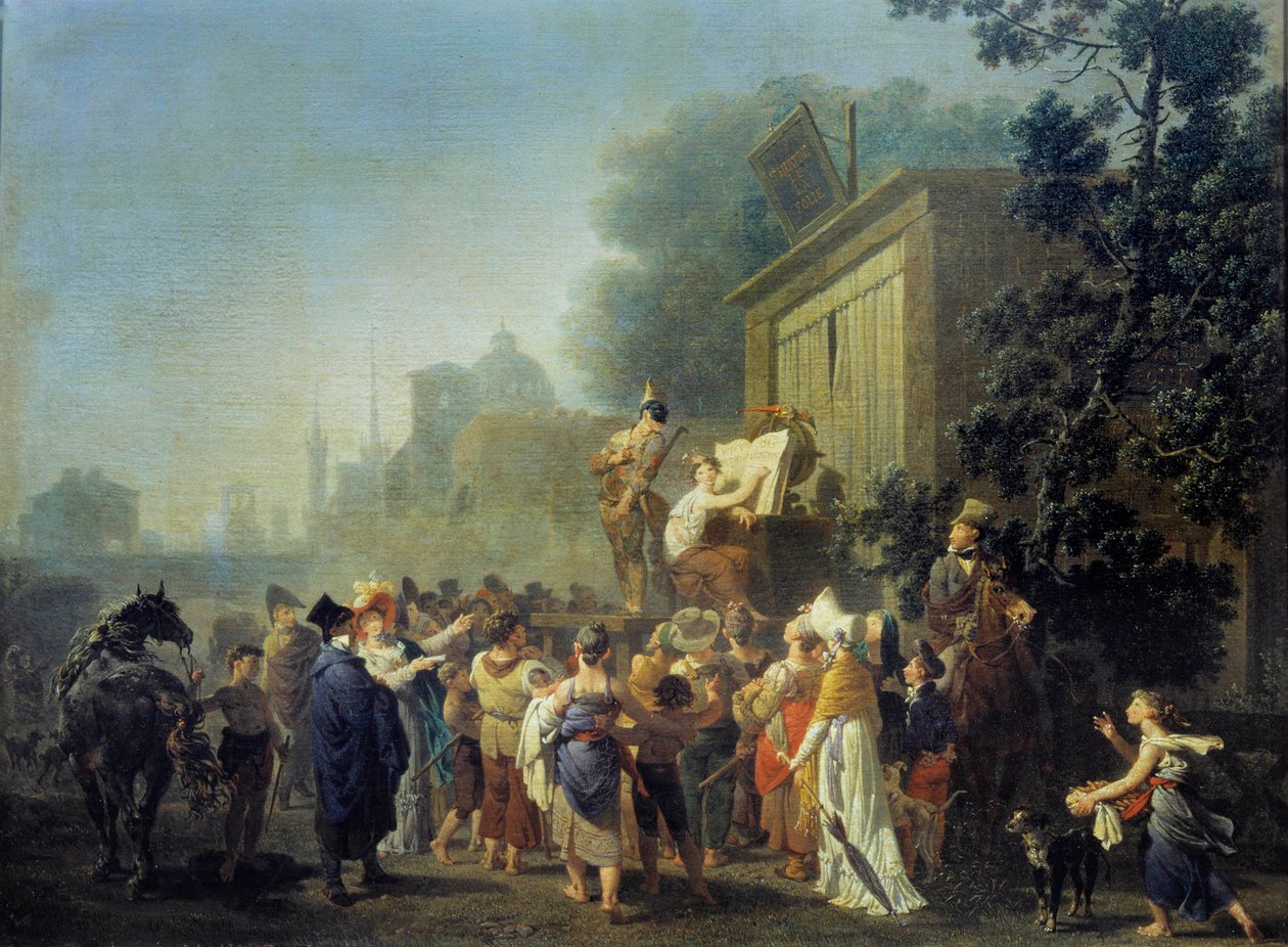 Matkustavat koomikot, hulluuden teatteri Nicolas Taunayn (1755-1830) maalaus 1800-luvun Reims, Musee des Beaux Arts tekijältä Nicolas Antoine Taunay