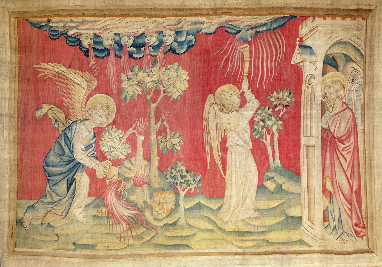 Enkeli tyhjentää suitsutusastiaa, ei. 19 teoksesta "The Apocalypse of Angers", 1373-87 (kuvakudos) tekijältä Nicolas Bataille