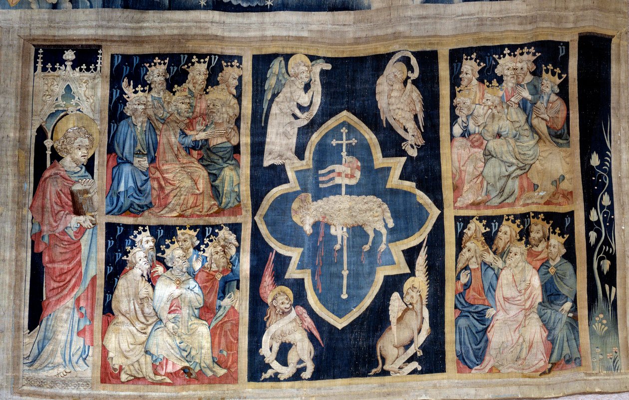 Ilmestysesirippu (1373-1383), n. 7: vanhukset antavat kunniaa karitsalle, Kristuksen vertauskuvalle. Nicolas Bataillen kuvakudos (1330-1405) tekijältä Nicolas Bataille
