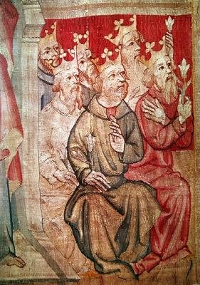 Yksityiskohta Kristuksesta, joka istuu valtaistuimella apokalyptisten petojen ja 24 vanhimman kanssa, nro. 4, The Apocalypse of Angers, 1373-87 (yksityiskohta 83991) tekijältä Nicolas Bataille