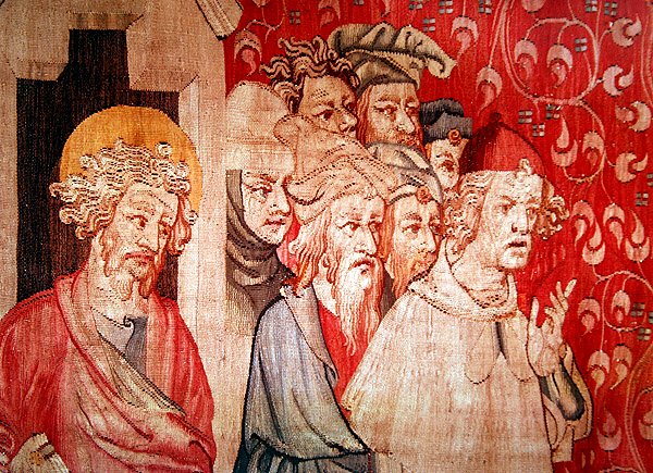 Yksityiskohta miehistä kuuntelemassa enkeliä ennustamassa kidutusta, teoksesta "The Apocalypse of Angers", 1373-87 tekijältä Nicolas Bataille