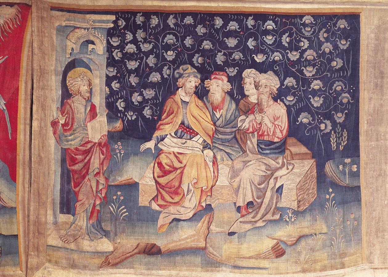 Keskustelu ylösnousemuksesta, nro 76 teoksesta "The Apocalypse of Angers", 1373-87 (kuvakudos) tekijältä Nicolas Bataille