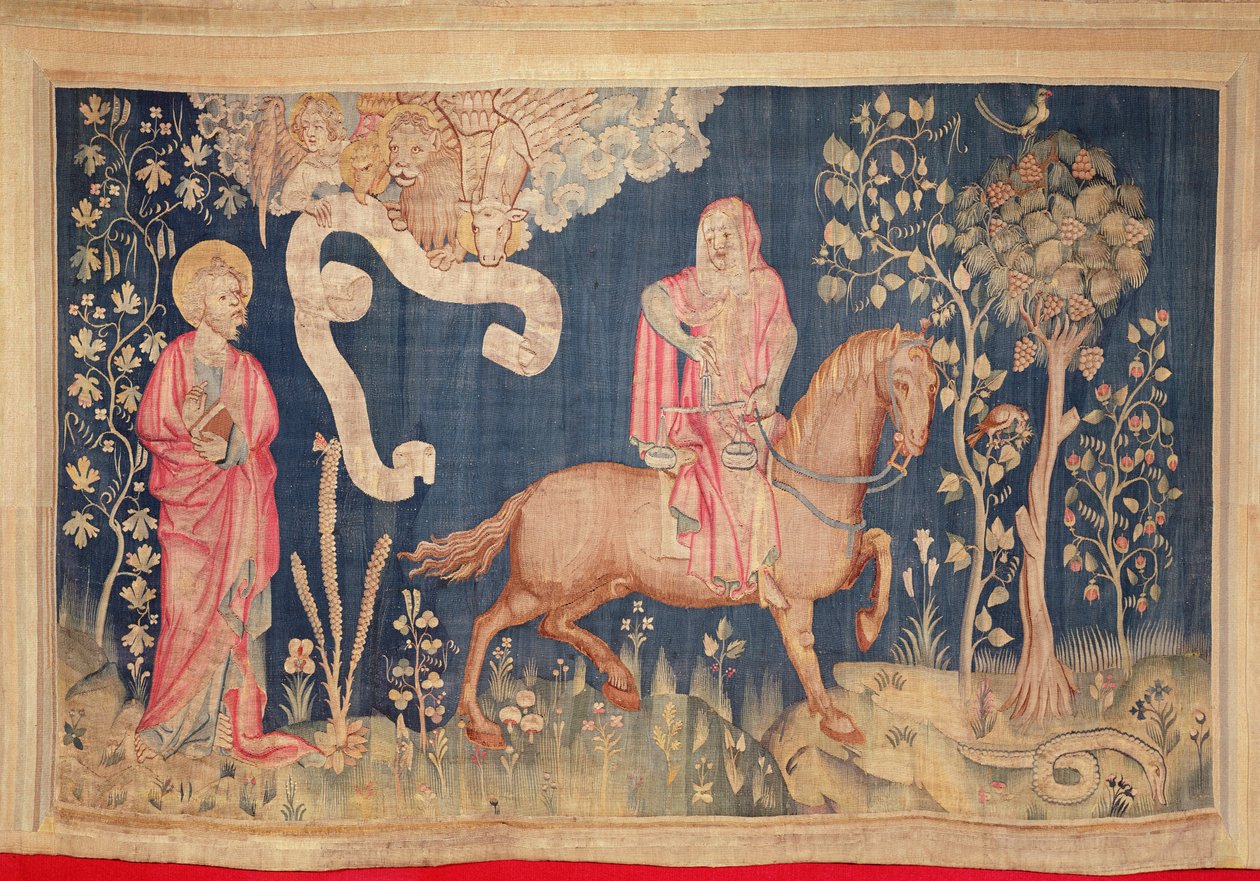 Nälkä mustalla hevosella, Angersin Apocalypse Tapestry, 1373-87 (kuvakudos) tekijältä Nicolas Bataille