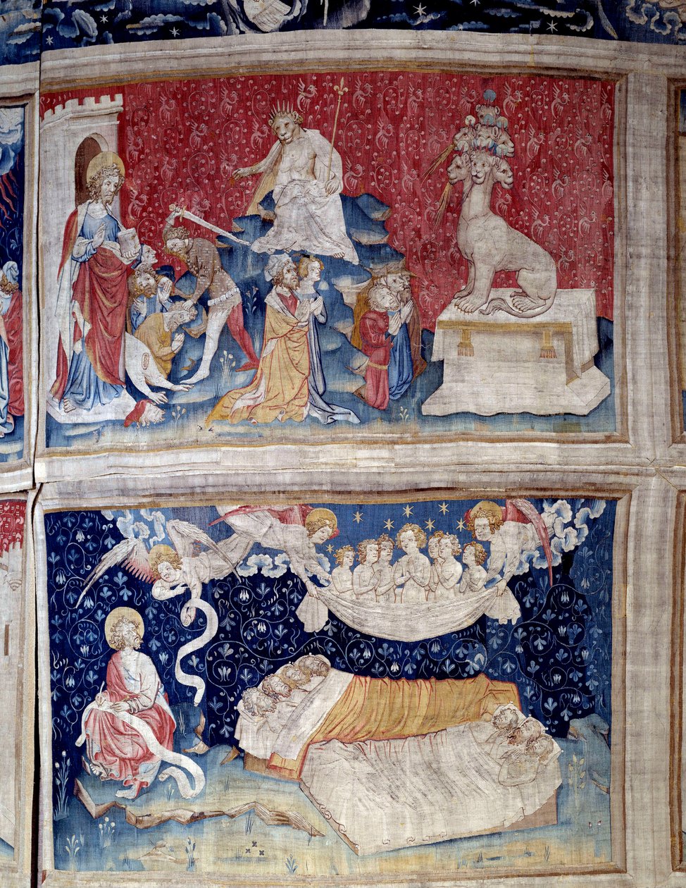 Ilmestyskirjan ripustus (1373-1383). N. 44 korkea: betellä on seitsemän päätä. N. 51 matala: Vanhurskaiden uni. Nicolas Bataillen kuvakudos (1330-1405) tekijältä Nicolas Bataille