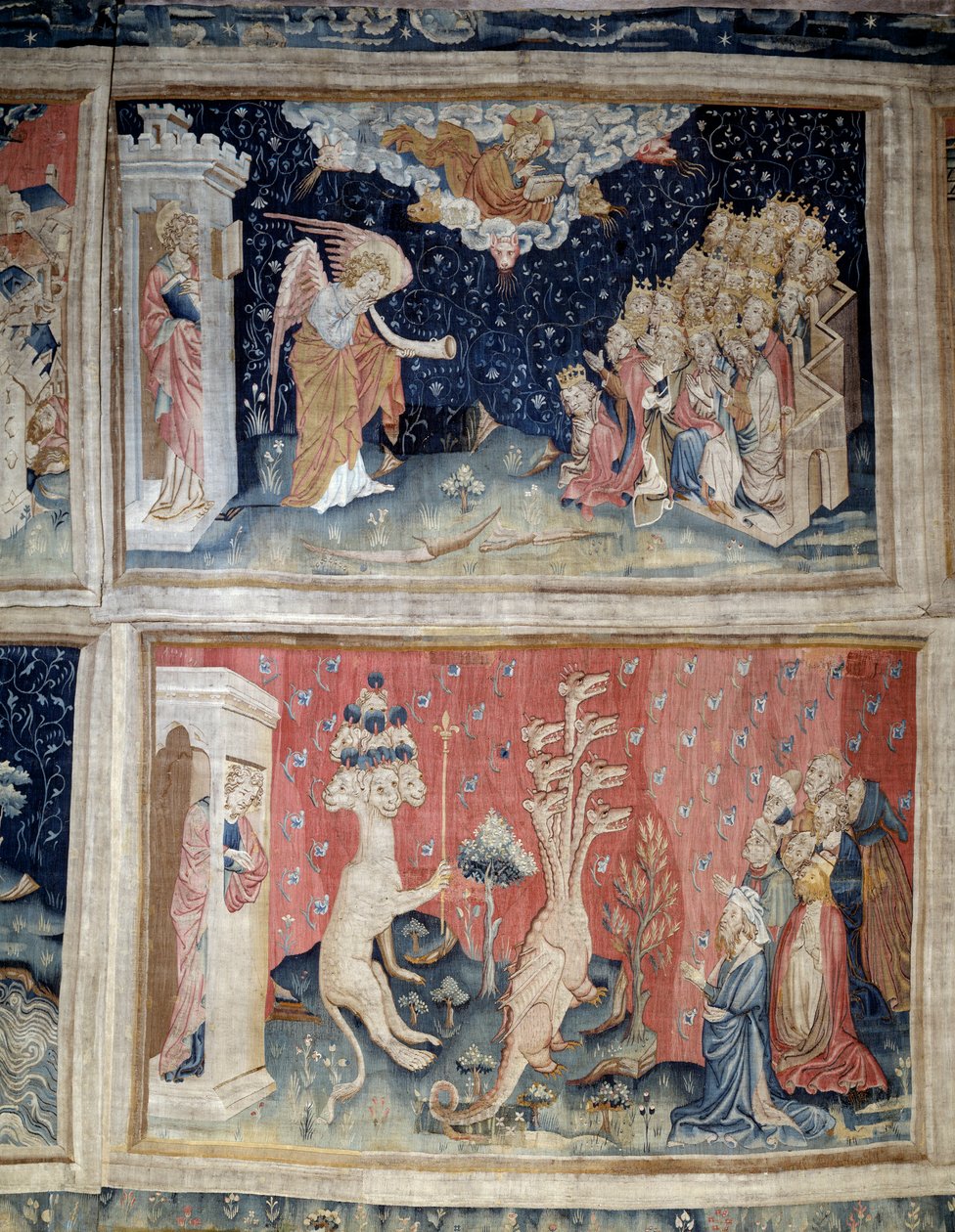 Ilmestyskirjan ripustus (1373-1383), n. 24: seitsemäs trumpetti. N. 39: Lohikäärmeen palvonta. Nicolas Bataillen kuvakudos (1330-1405) tekijältä Nicolas Bataille