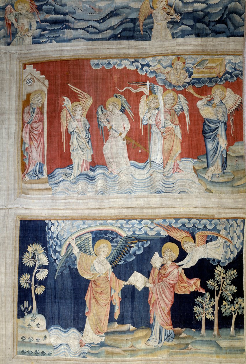 Ilmestyskirjan ripustus (1373-1383), n. 25: kuudes trumpetti, Eufratin enkelit. Alla, n. 28, enkeli luovuttaa kirjan Pyhälle Johannekselle, joka syö sen. Nicolas Bataillen kuvakudos (1330-1405) tekijältä Nicolas Bataille