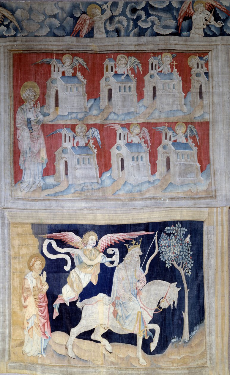 Ilmestyskirjan ripustus (1373-1383), n. 28: Saint John a Patmos ja seitsemän Aasian kirkkoa ja sen alapuolella Ensimmäinen sinetti: Voittaja valkoisella hevosella. Nicolas Bataillen kuvakudos (1330-1405) tekijältä Nicolas Bataille