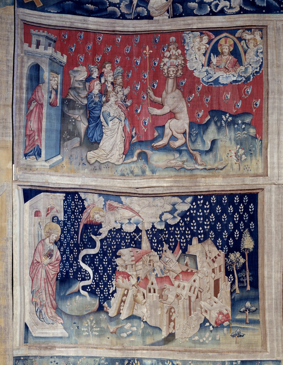 Ilmestyskirjan ripustus (1373-1383), n. 42: Beten palvonta (?). N. 49: Babylonin kukistuminen. Nicolas Bataillen kuvakudos (1330-1405) tekijältä Nicolas Bataille