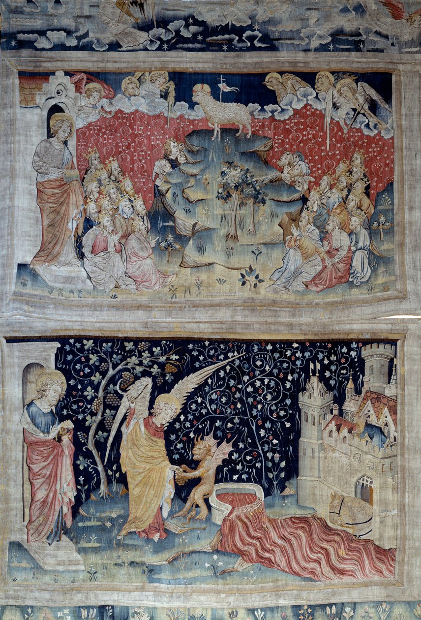 Ilmestyskirjan ripustus (1373-1383), n. 47: Karitsa Siionin vuorella. Alla, n. 55, Enkeli poimii maan viiniköynnöksen, joka vuodatti Jumalan vihan suureen altaaseen, altaa vuotaa yli ja veri palaa takaisin. Nicolas Bataillen kuvakudos (1330-1405) tekijältä Nicolas Bataille