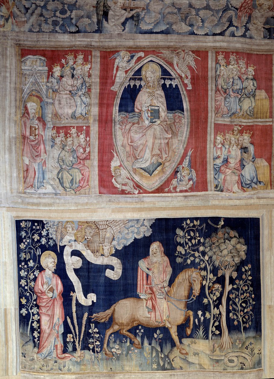 Ilmestyskirjan ripustus (1373-1383), n. 4: Kristuksen esitys majesteettisuudessa (Jeesus Kristus kirkkaudessa on esitetty mandorlan sisällä) tai tetramorfinen. N. 9: punainen hevonen ja sota. Nicolas Bataillen kuvakudos (1330-1405) tekijältä Nicolas Bataille