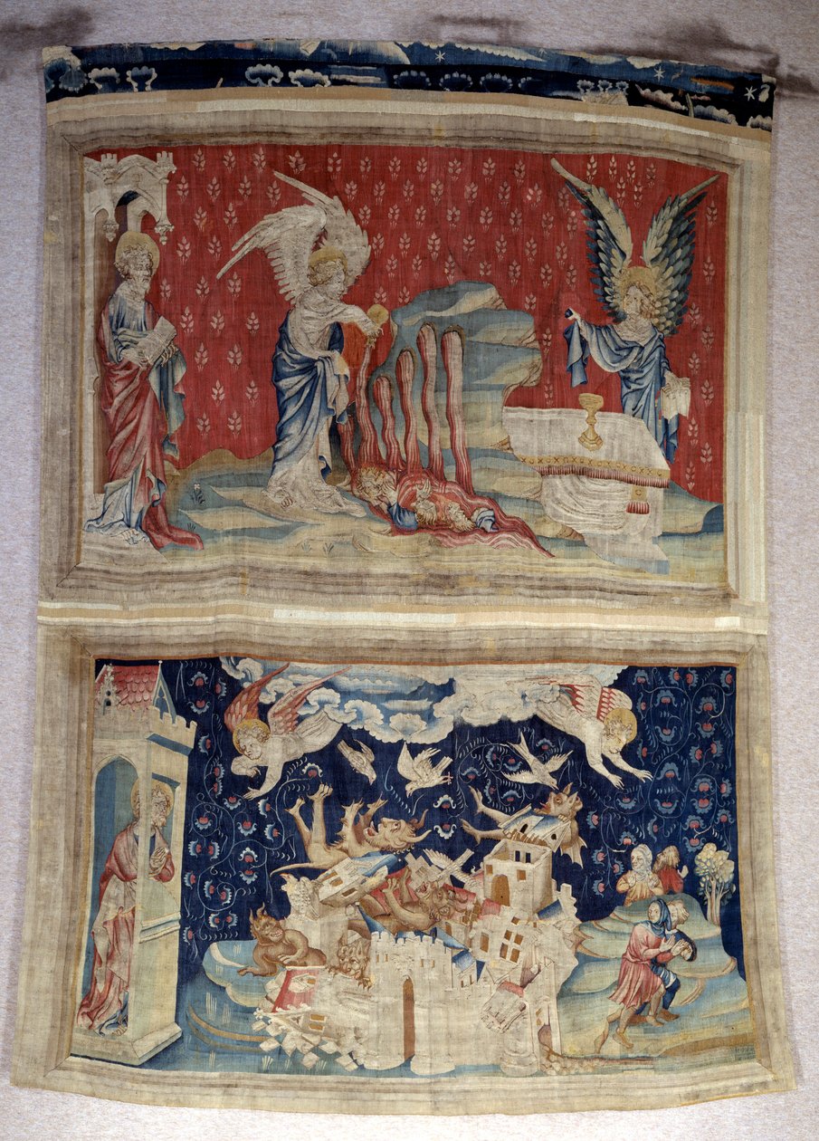 Ilmestyskirjan ripustus (1373-1383), n. 59: toinen ja kolmas pullo valuu meren ja vesien yli. Alakerrassa, n. 66, demonit valtaavat Babylonin. Nicolas Bataillen kuvakudos (1330-1405) tekijältä Nicolas Bataille