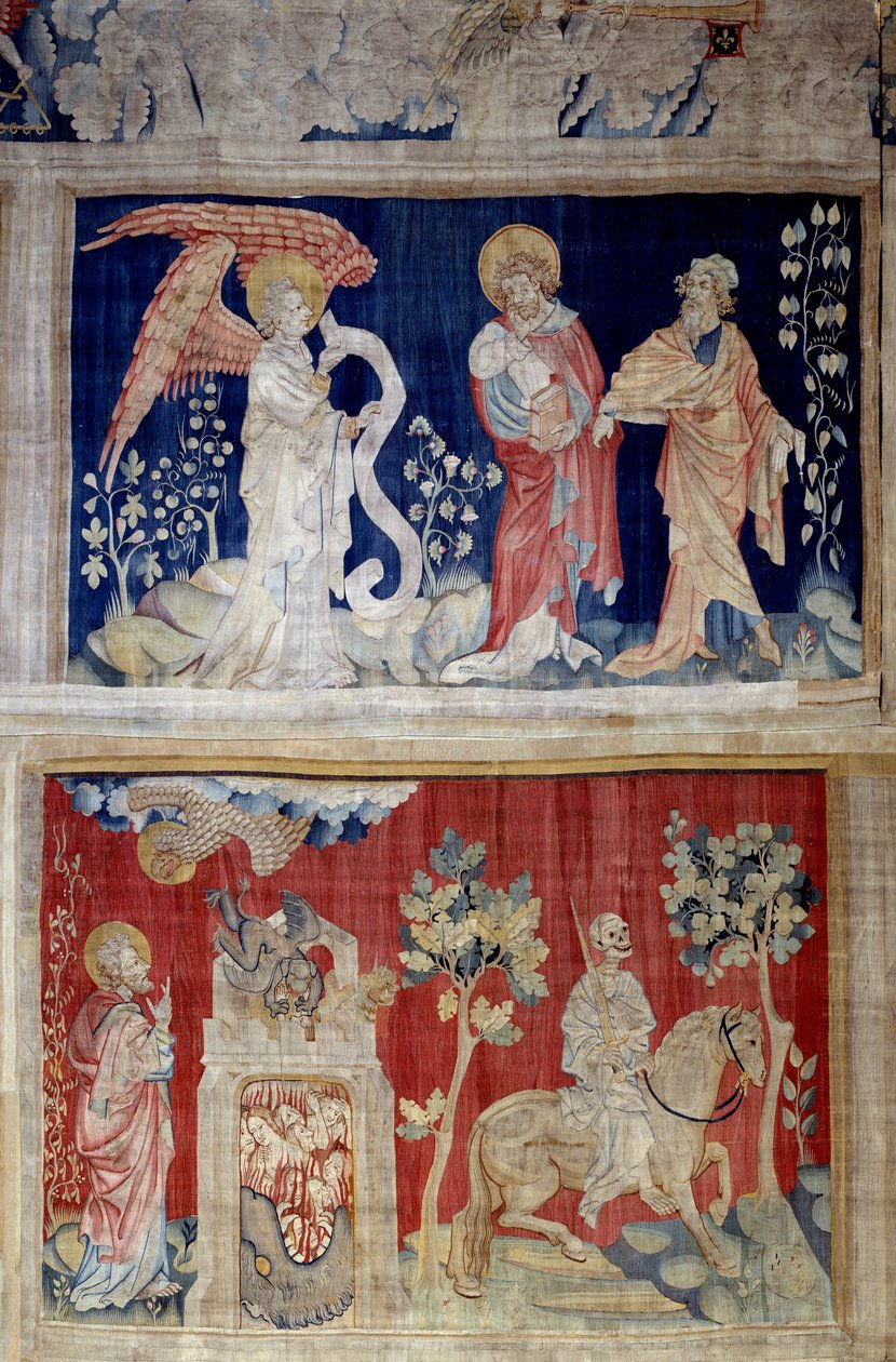 Hanging of Revelation (1373 -1383), nro 6 ja nro 10: nro 6 korkea: John itkee, koska hän ei pysty avaamaan kirjaa, vanha mies konsoli; Nro 10 alhainen: Kuolema jättää jälkeensä kärsimyksen paikan). Nicolas Bataillen kuvakudos (1330-1405) tekijältä Nicolas Bataille