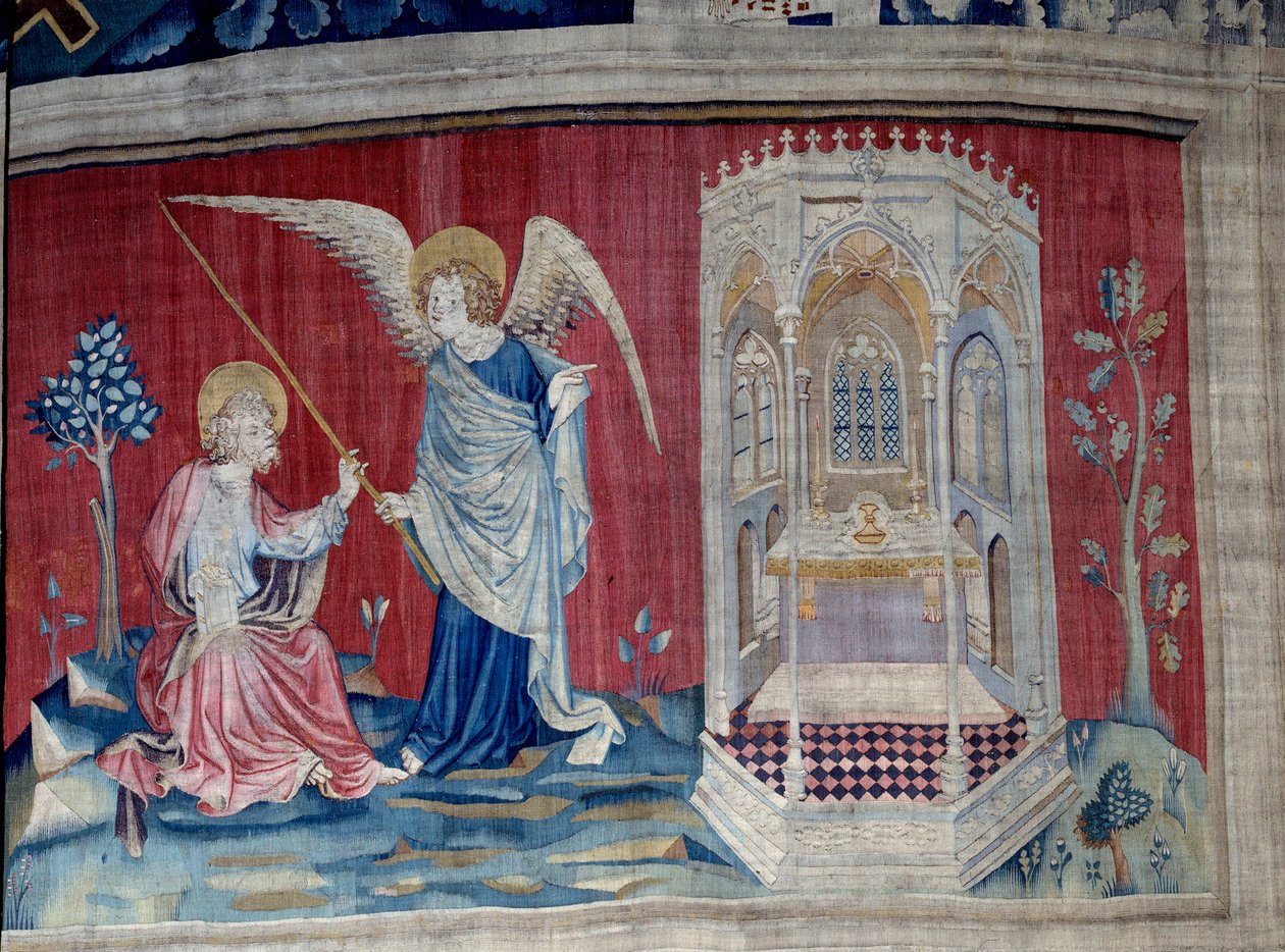 Ilmestyskirjan ripustus (1373-1383), n. 27: Pyhä Johannes ja enkeli. Nicolas Bataillen kuvakudos (1330-1405) tekijältä Nicolas Bataille