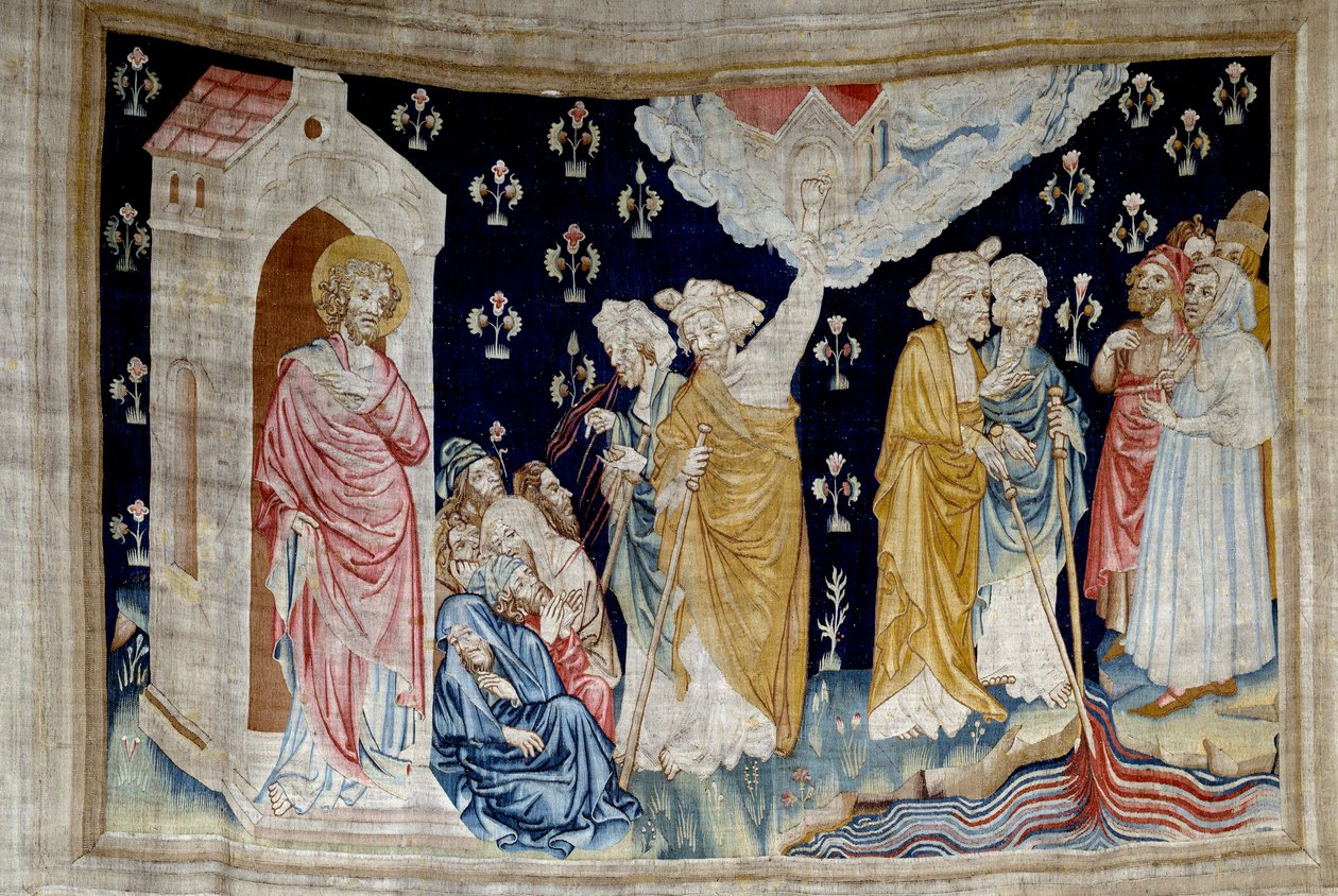 Ilmestyskirjan ripustus (1373-1383), n. 28: ihme. Fidelesin Jumalan palvelijat ja profeetat katsovat vereksi muuttunutta jokea. Nicolas Bataillen kuvakudos (1330-1405) tekijältä Nicolas Bataille