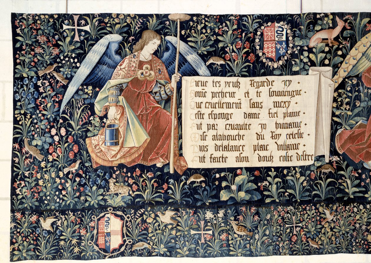 Ilmestyskirjan ripustus (1373-1383), enkelit kantoivat kärsimyksen välineitä. Nicolas Bataillen kuvakudos (1330-1405) tekijältä Nicolas Bataille