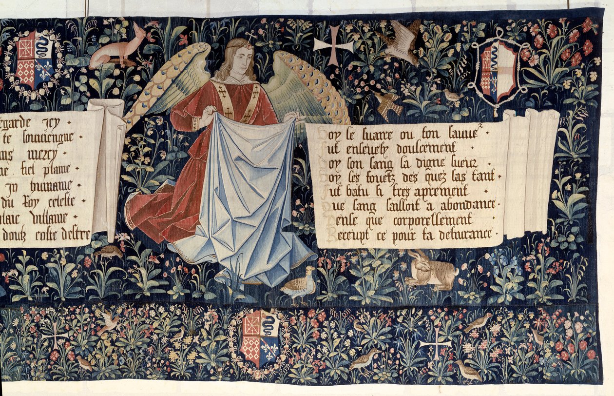 Ilmestyskirjan ripustus (1373-1383), enkelit kantoivat kärsimyksen välineitä. Nicolas Bataillen kuvakudos (1330-1405) tekijältä Nicolas Bataille