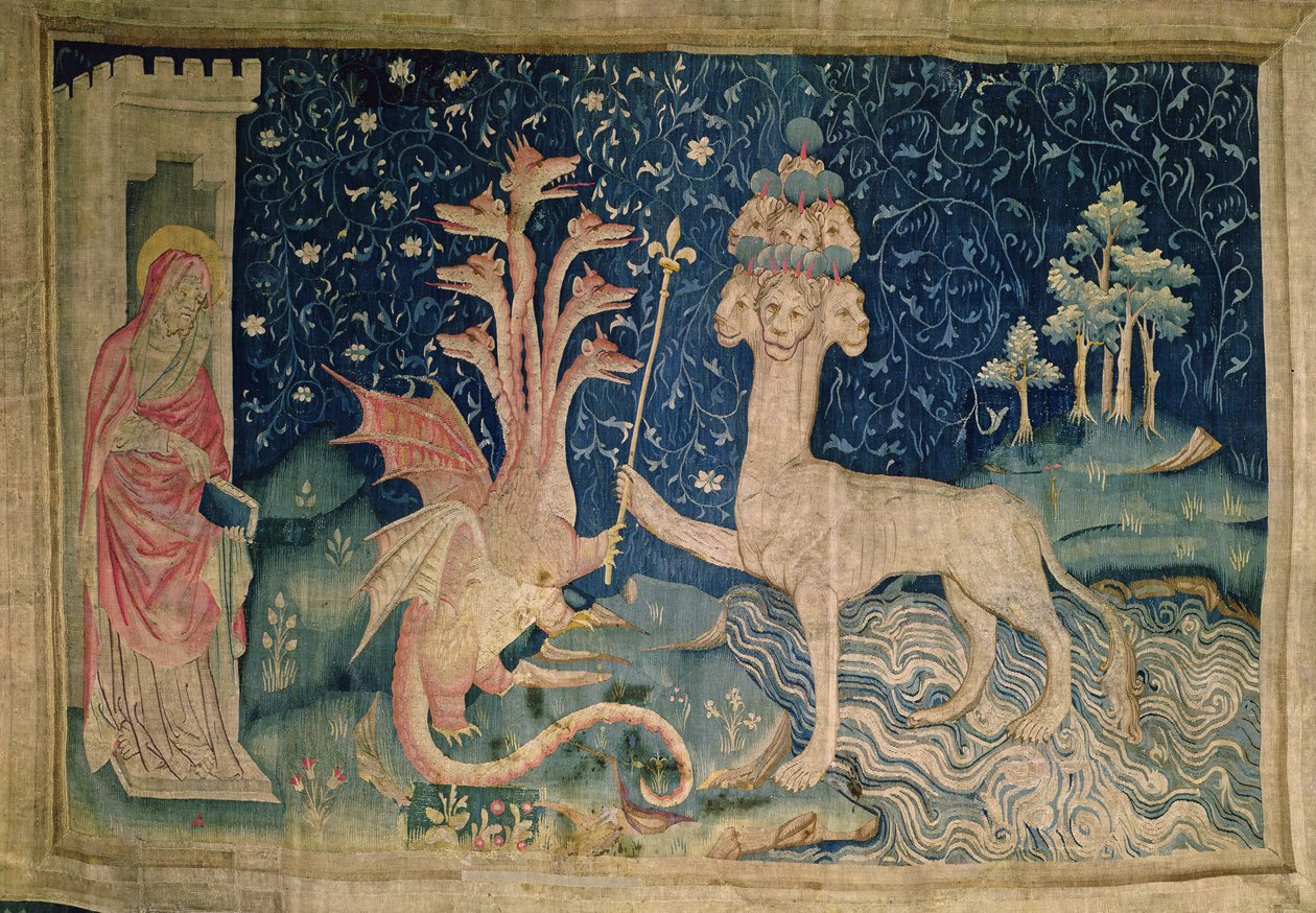 Meren peto seitsemällä päällä ja kymmenellä kruunulla, nro 40 teoksesta "The Apocalypse of Angers", 1373-87 (kuvakudos) tekijältä Nicolas Bataille