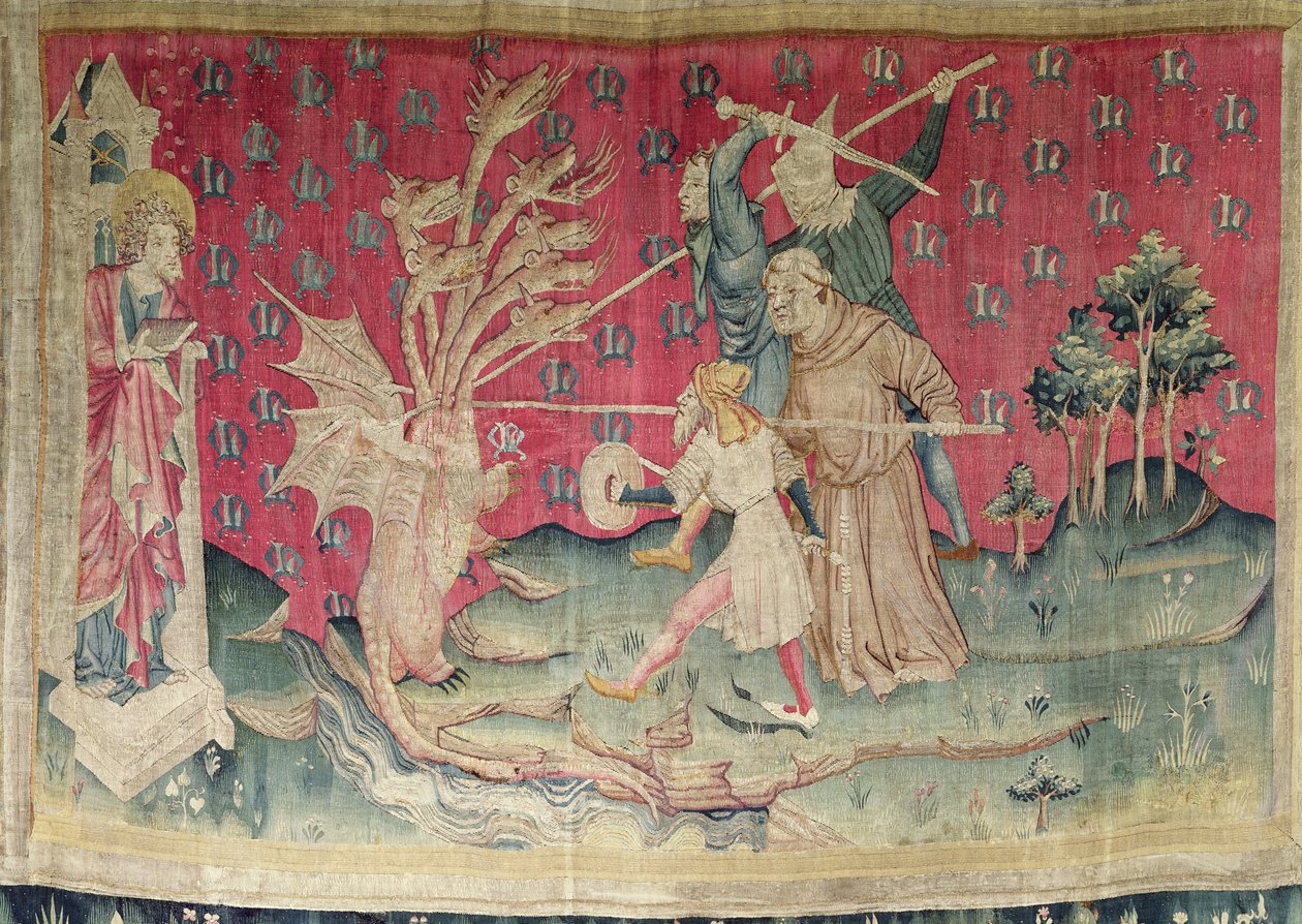 Lohikäärme taistelee Jumalan palvelijoiden kanssa, nro. 39 "Vihkojen apokalypsista", 1373-87 (kuvakudos) tekijältä Nicolas Bataille