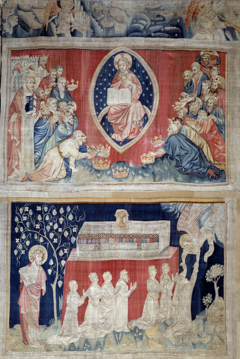 Ilmestyskirjan esirippu (1373-1383), n. 5: vanhukset kumartuvat Kristuksen edessä majesteettisuudessa (Jeesus Kristus kirkkaudessa on esitetty mandorlan sisällä). N. 11: marttyyrien sielut. Nicolas Bataillen kuvakudos (1330-1405) tekijältä Nicolas Bataille