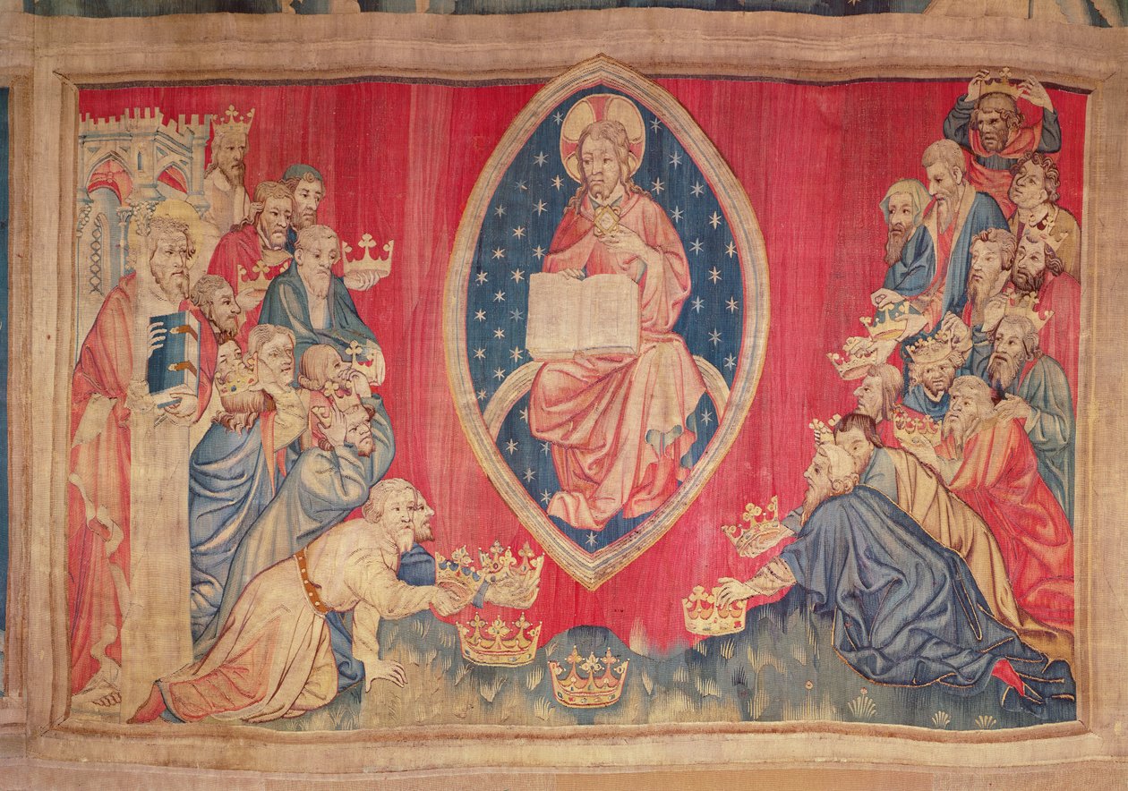 Kaksikymmentäneljä vanhinta kumartuvat Jumalan eteen, Angersin Apocalypse Tapestry, 1373-87 (kuvakudos) tekijältä Nicolas Bataille