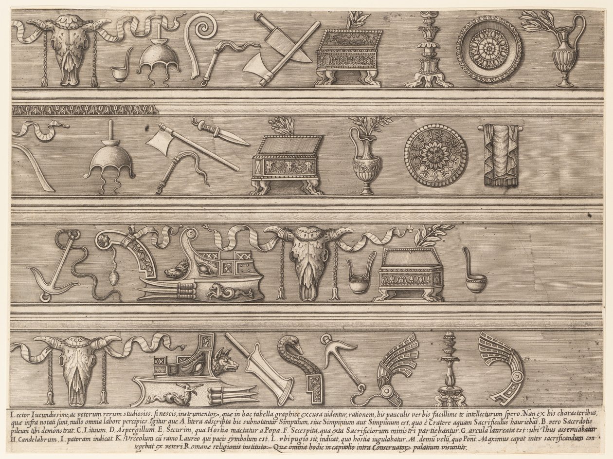 Rooman loiston peili: uhriinstrumentit, jotka perustuvat Ancient Relief Sc... -tutkimukseen, n. 1550-75. tekijältä Nicolas Beatrizet.